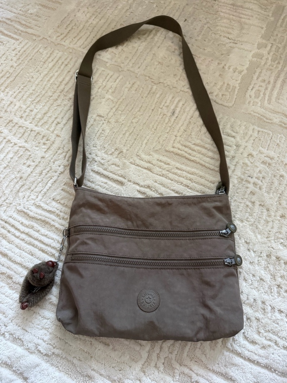 Kipling Crossbody Bag Brown Nylon Multi Pocket Adjustable Strap Monkey Keychain